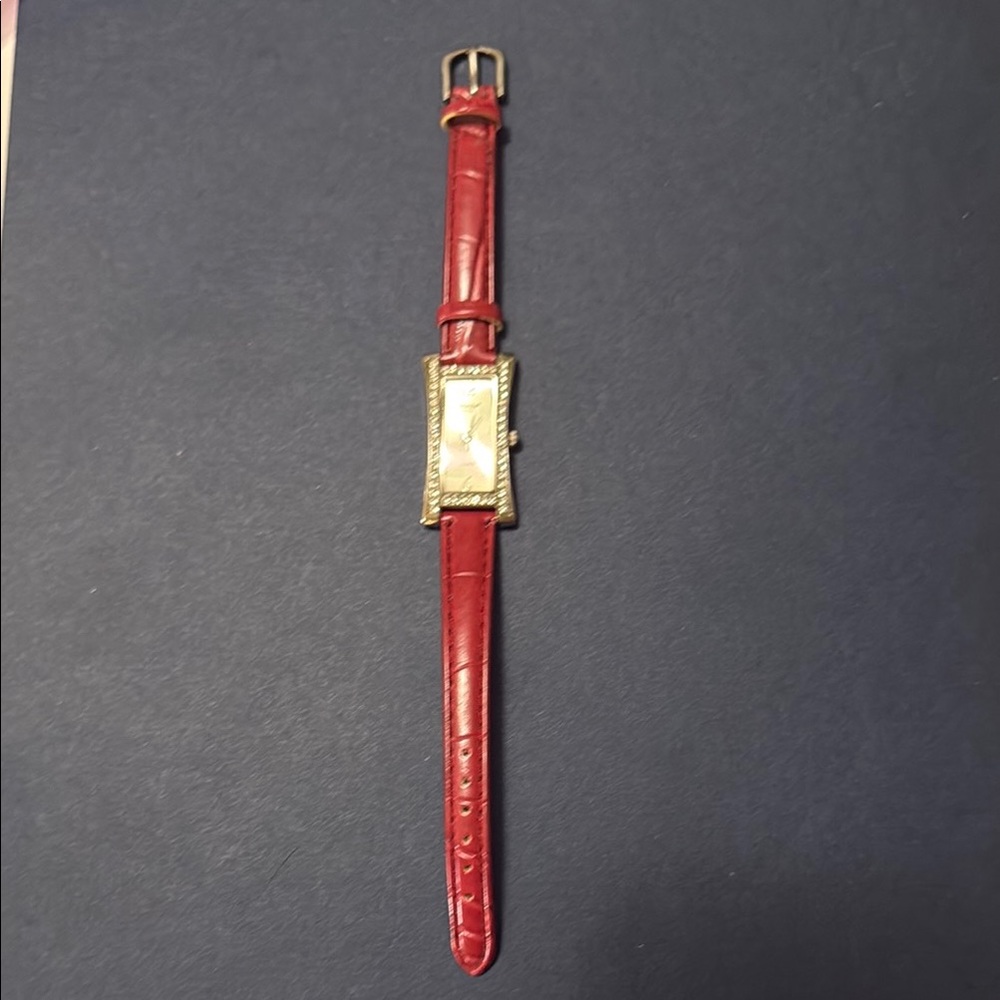 Red Leather Strap Watch with Gold Accents